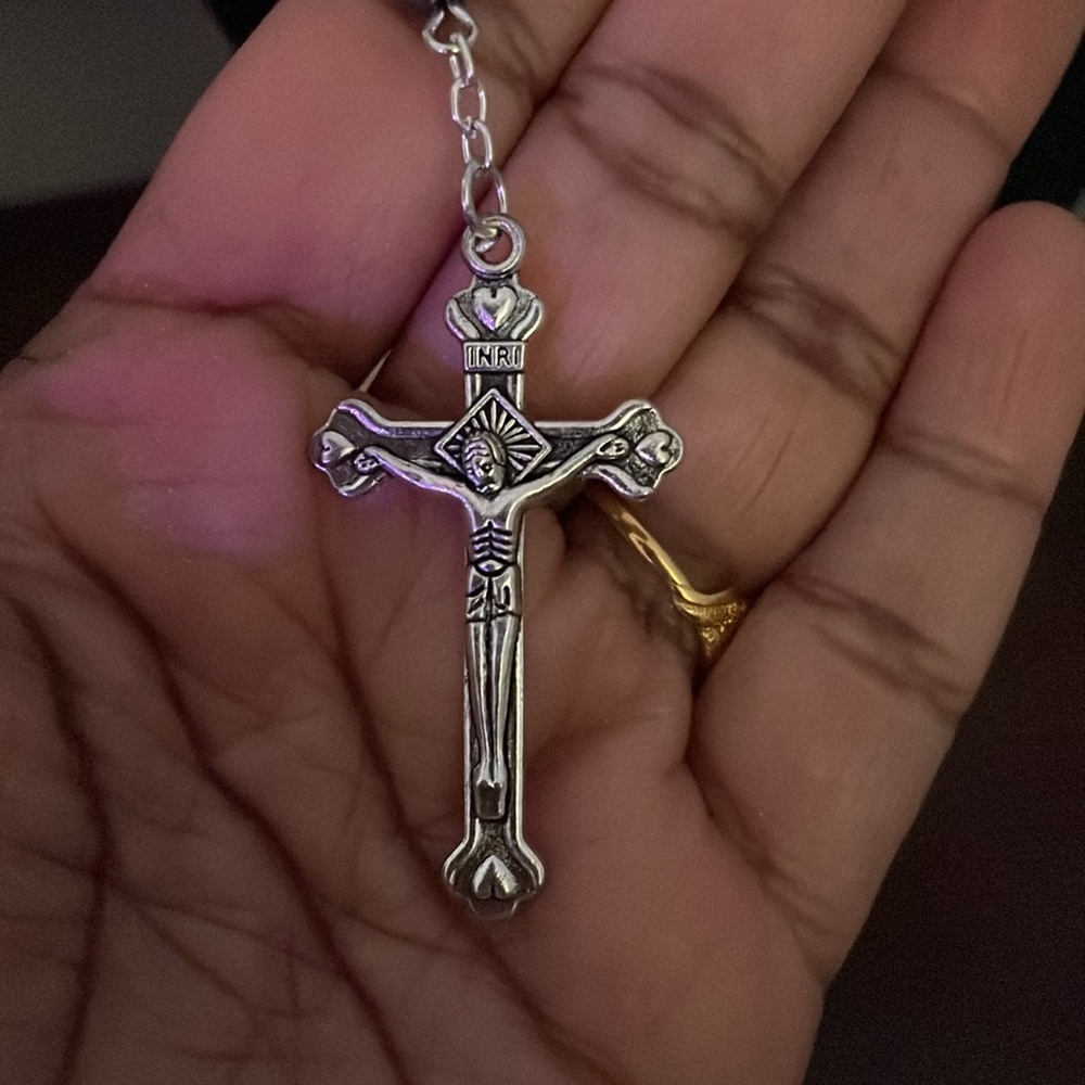 Elegant Silver Jesus Cross Necklace with Bead Accents